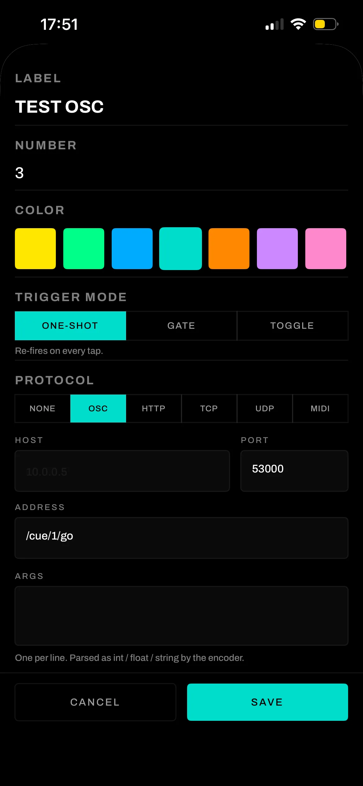Pad configuration with protocol set to OSC, showing host, port, address and arguments fields