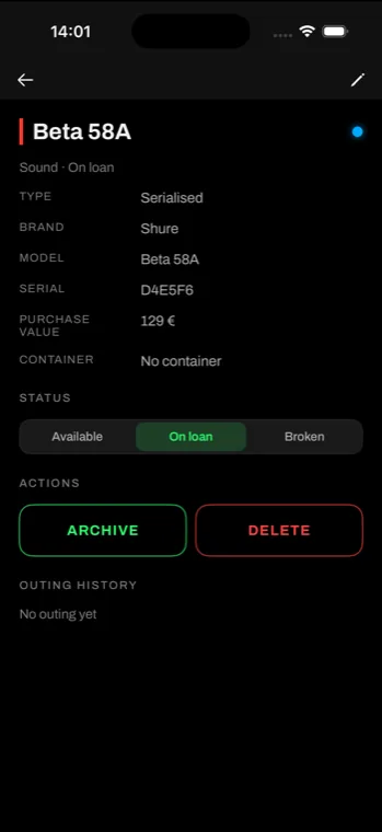Invecter Gear item detail with status, actions and a QR label