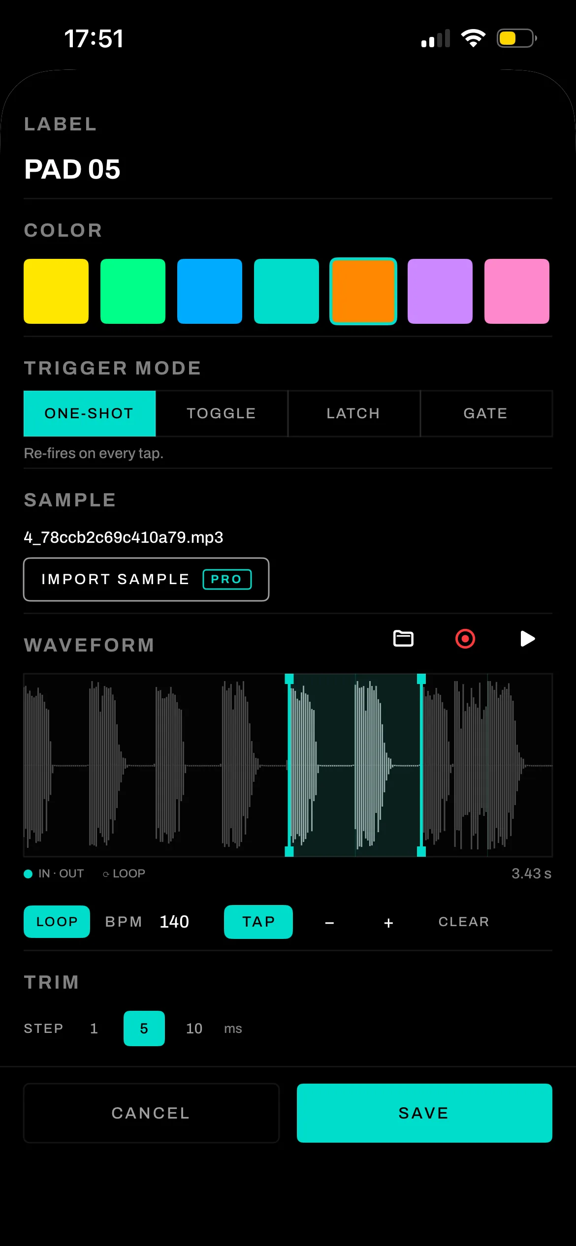 Pad edit screen showing a zoomable waveform with loop region, BPM tap tempo, trigger modes and trim controls