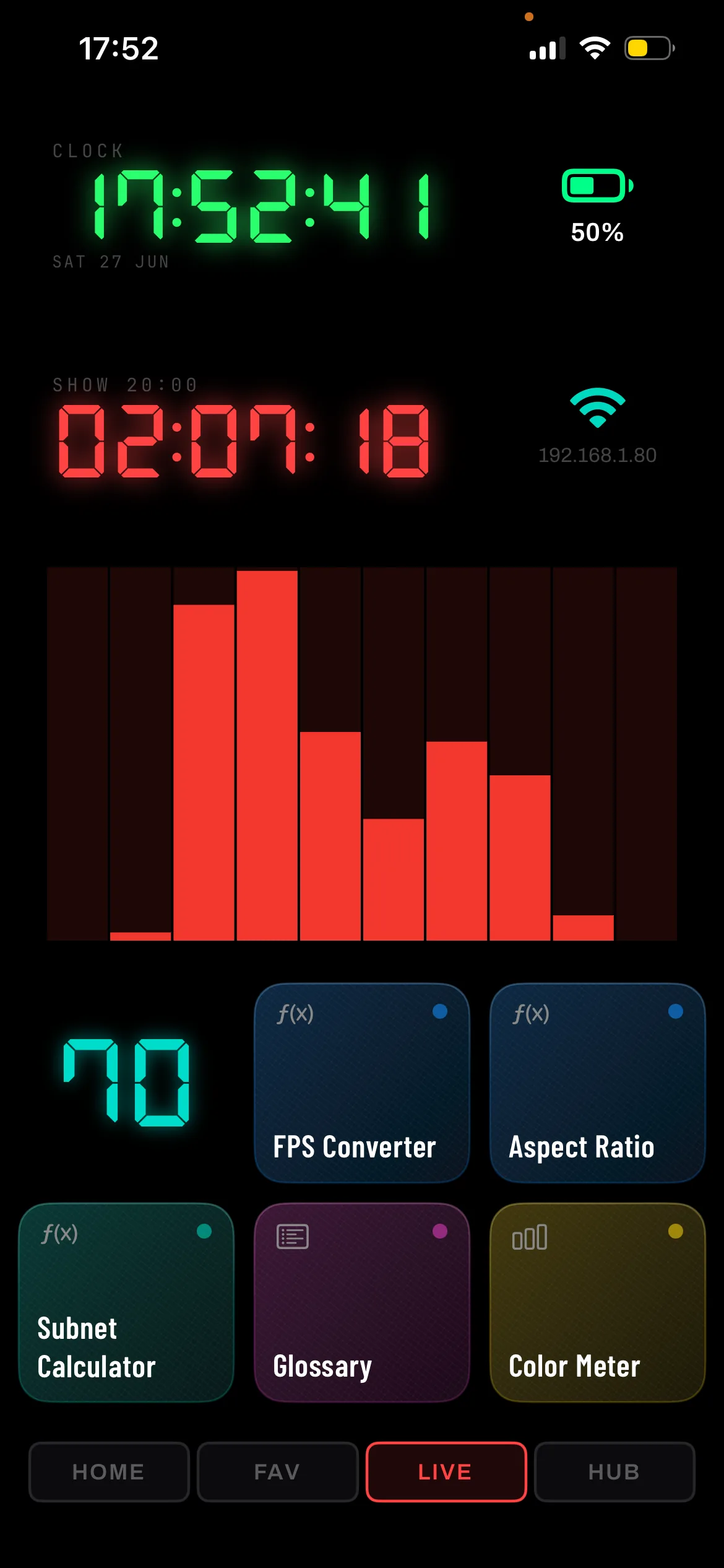 Live dashboard with a digital clock, red show countdown, spectrum widget and tool tiles